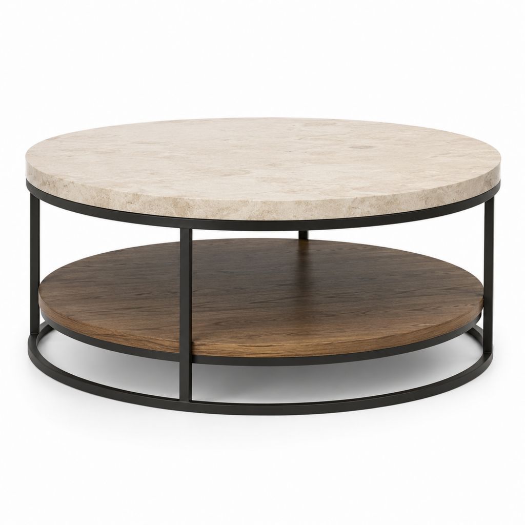 Table basse ronde beige et noyer en pierre frittée et acier 80 x 80 x 45 cm