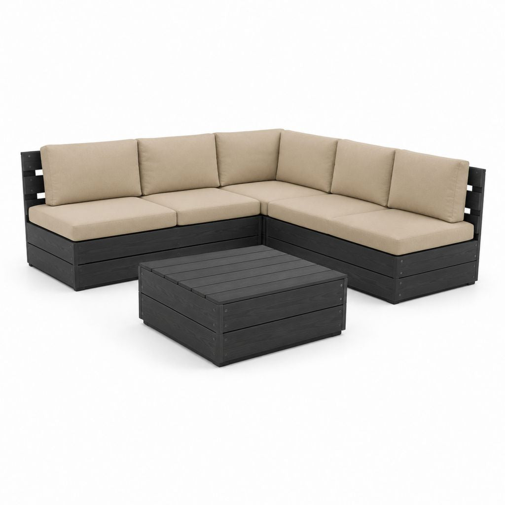 Salon de jardin d'angle 4 places noir et beige en pin massif avec table basse 210 x 210 cm