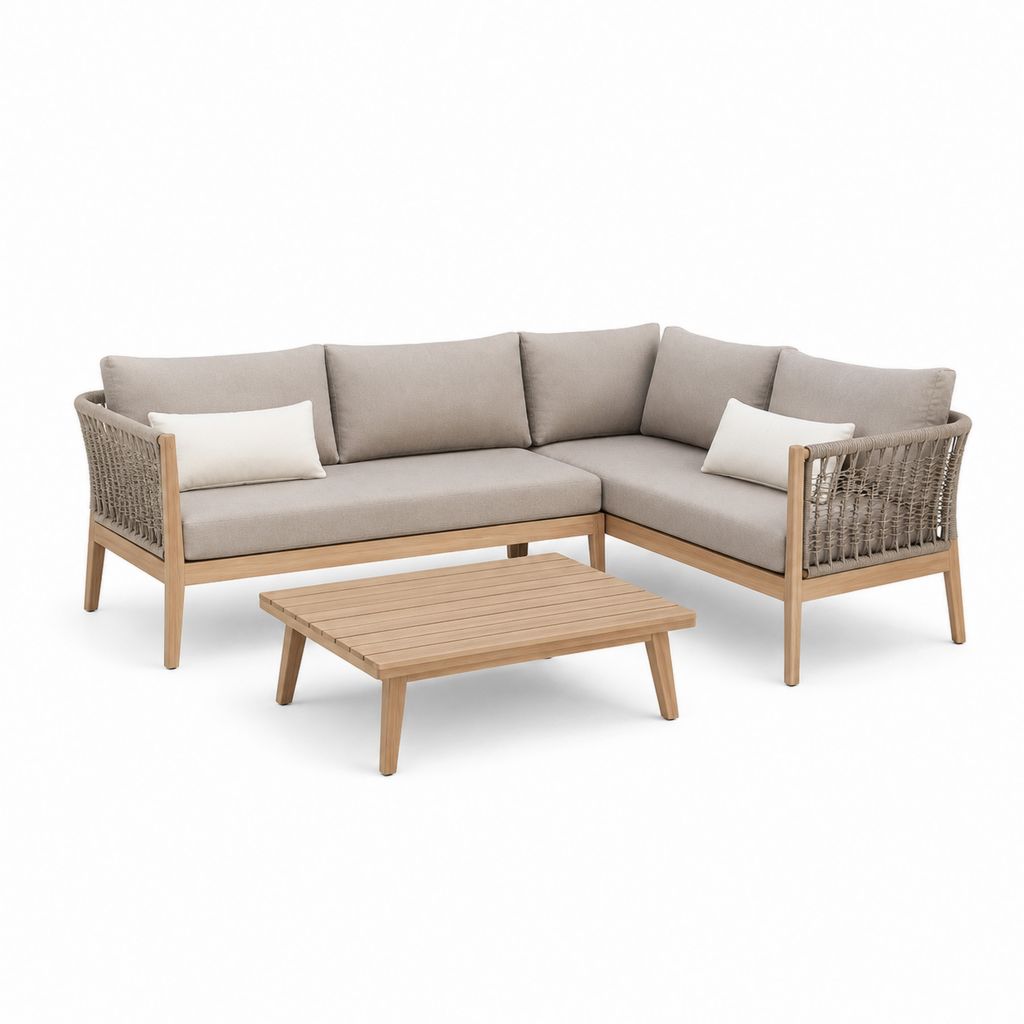 Salon de jardin d'angle 4 places beige en acacia massif avec corde tressée 218 x 218 x 75 cm et table basse 110 x 60 x 40 cm