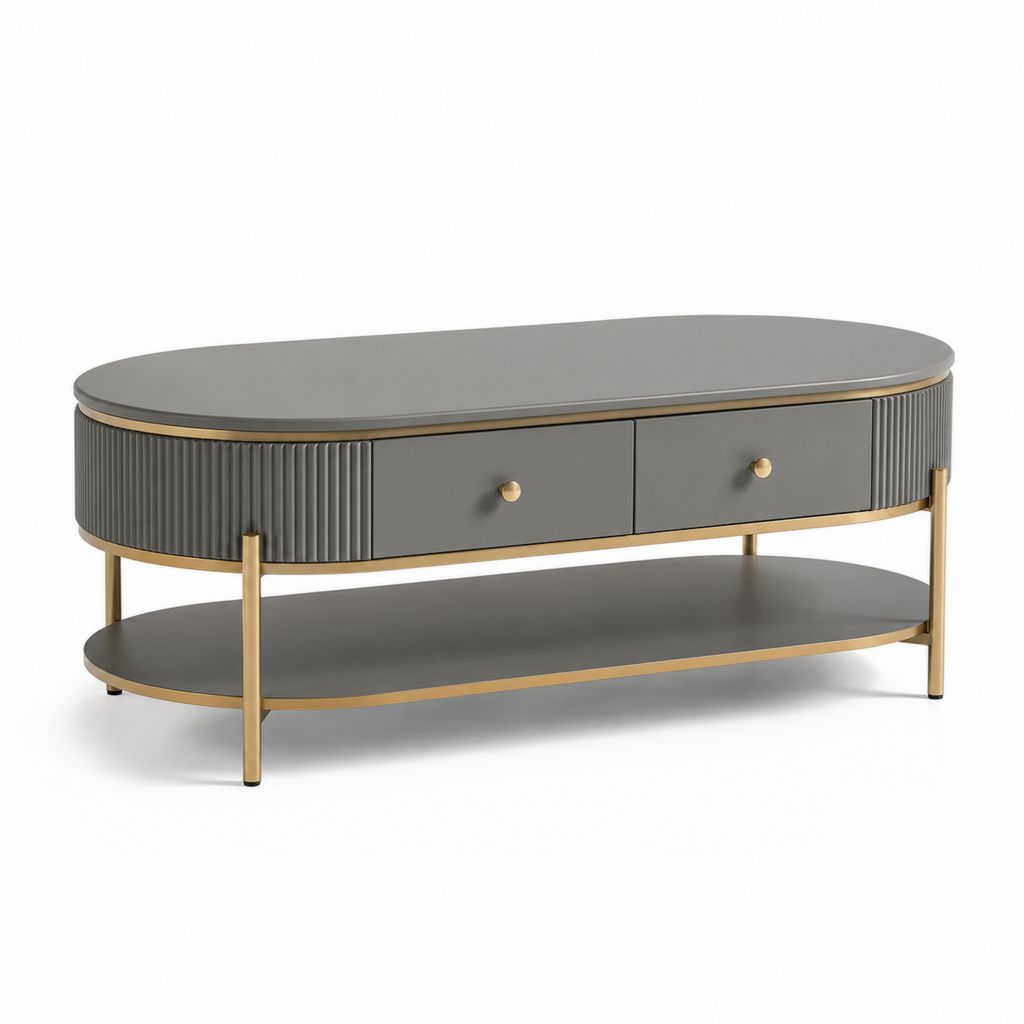 Table basse ovale grise en MDF et acier 120 x 60 x 45 cm avec 2 tiroirs