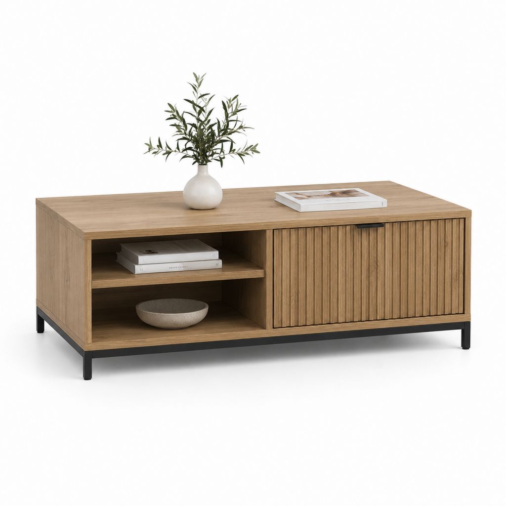 Table basse rectangulaire chêne avec rangement et porte coulissante 120 x 60 x 45 cm