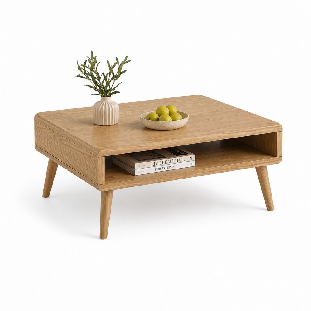Table basse rectangulaire en chêne clair avec niche de rangement 100 x 60 x 45 cm
