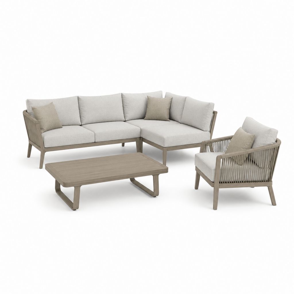 Salon de jardin d’angle 3 places avec fauteuil et table basse beige en aluminium et corde 245 x 245 cm