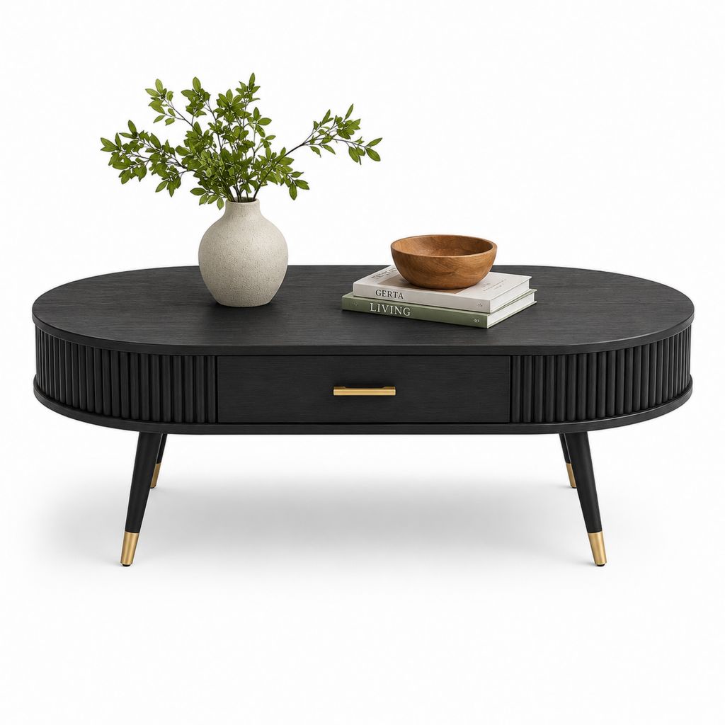 Table basse ovale noire en MDF avec tiroir et rangements 120 x 60 x 45 cm