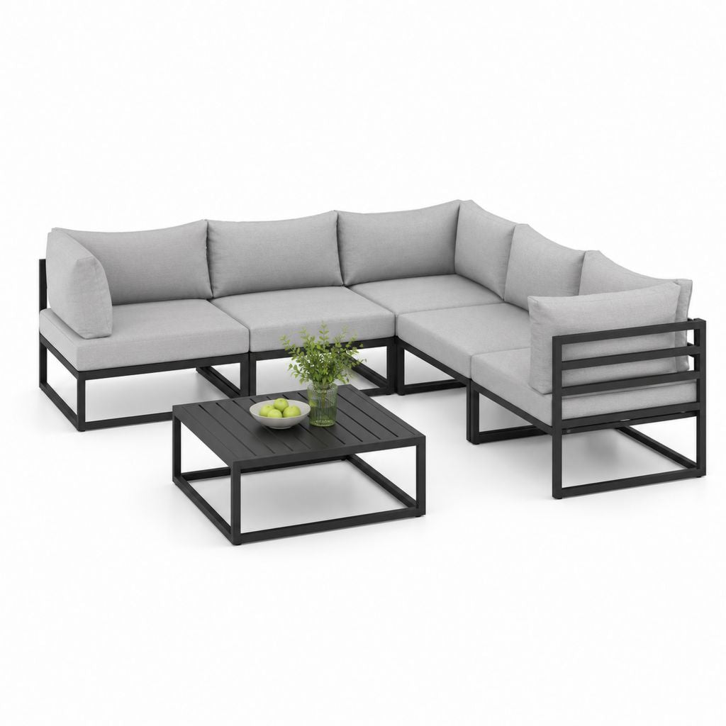 Salon de jardin d'angle 5 pièces gris en acier thermolaqué avec coussins polyester 250 x 190 cm