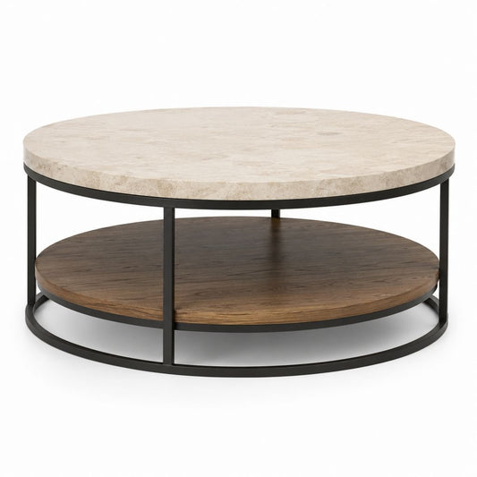 Table basse ronde beige et noyer en pierre frittée et acier 80 x 80 x 45 cm