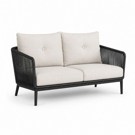 Canapé de jardin 2 places noir en acier et corde PE avec coussins beige 142 x 76 x 78 cm