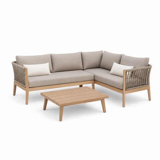 Salon de jardin d'angle 4 places beige en acacia massif avec corde tressée 218 x 218 x 75 cm et table basse 110 x 60 x 40 cm
