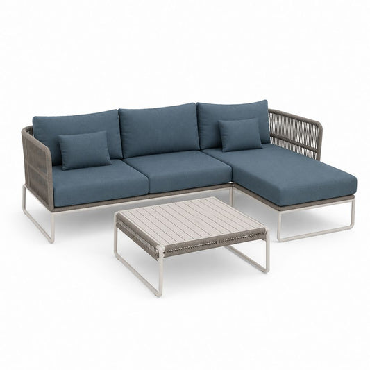 Salon de jardin d’angle 3 pièces bleu gris en aluminium et corde PE avec table basse 230 x 150 x 78 cm