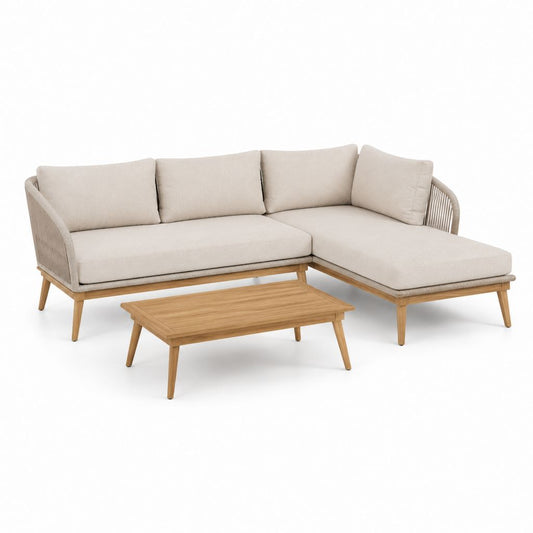Canapé de jardin d'angle 3 places beige en acacia massif avec table basse 220 x 150 x 78 cm