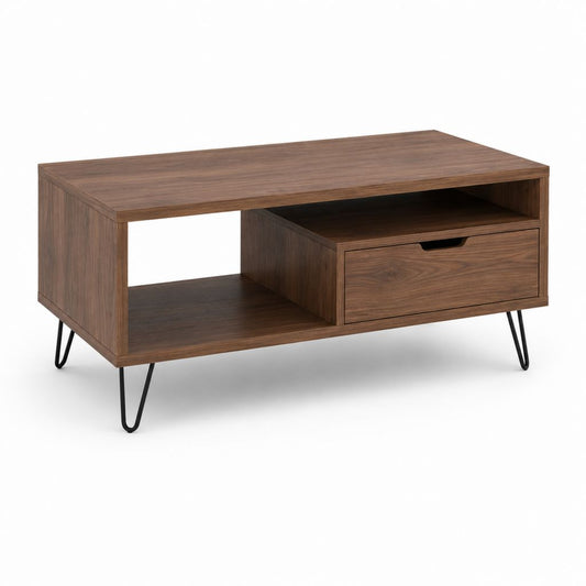 Table basse rectangulaire noyer en panneaux de particules avec tiroir et rangement 100 x 50 x 45 cm