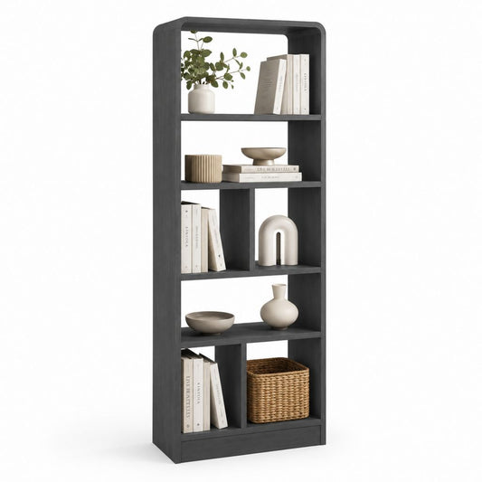 Bibliothèque ouverte noire en panneaux MDF 80 x 30 x 180 cm avec 5 niveaux de rangement