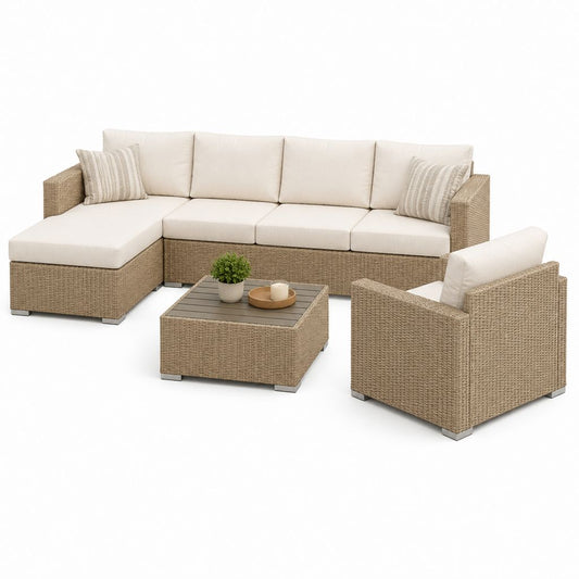 Salon de jardin d'angle 4 places en résine tressée PE beige avec méridienne fauteuil et table basse 265 x 150 x 75 cm