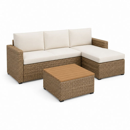 Salon de jardin canapé d'angle avec table basse beige et brun en résine tressée PE 195 x 130 x 75 cm