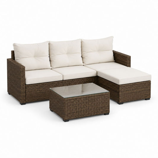 Salon de jardin d’angle 4 places brun en résine tressée avec coussins crème et table basse 194 x 136 x 64 cm