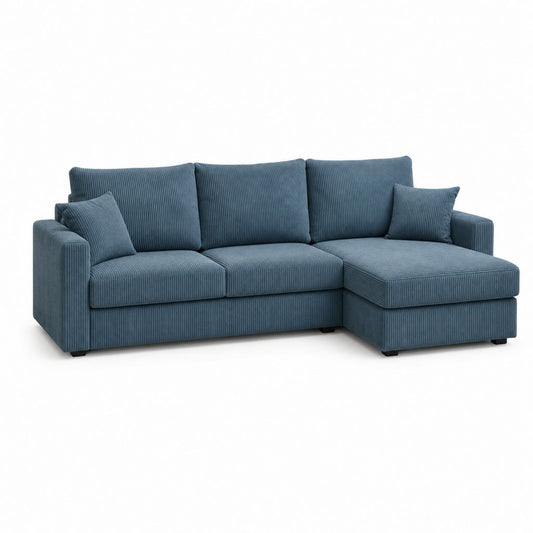 Canapé d’angle droit 3 places bleu en velours côtelé polyester 260 x 160 x 85 cm