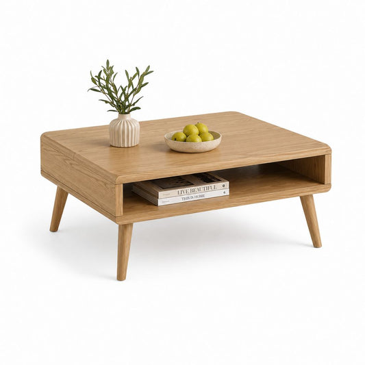 Table basse rectangulaire en chêne clair avec niche de rangement 100 x 60 x 45 cm