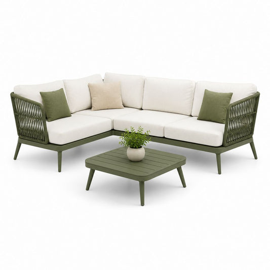 Salon de jardin d'angle 4 pièces vert olive en aluminium et corde polyester avec coussins écrus 250 x 90 x 75 cm