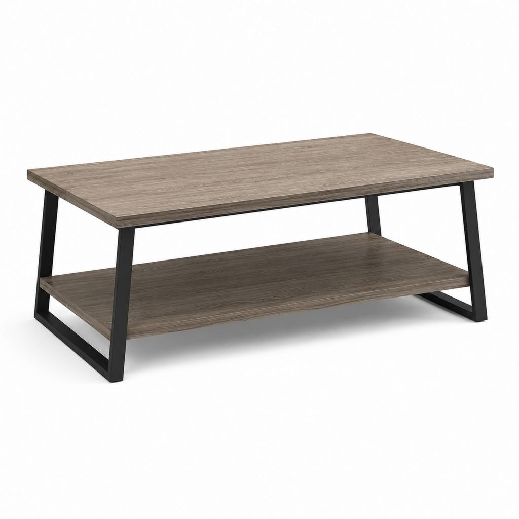 Table basse rectangulaire gris effet chêne et noir en panneaux de particules et acier 100 x 50 x 45 cm