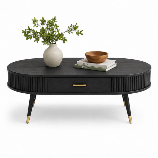 Table basse ovale noire en MDF avec tiroir et rangements 120 x 60 x 45 cm