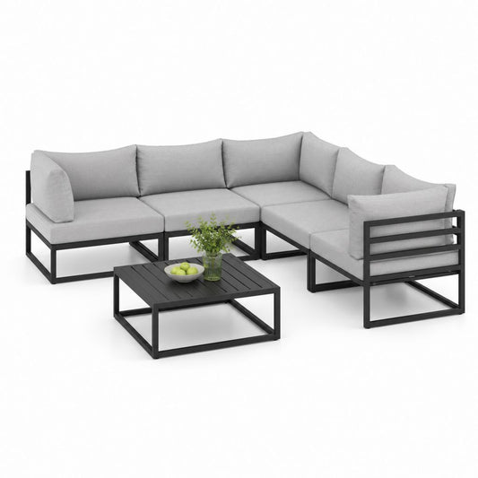 Salon de jardin d'angle 5 pièces gris en acier thermolaqué avec coussins polyester 250 x 190 cm