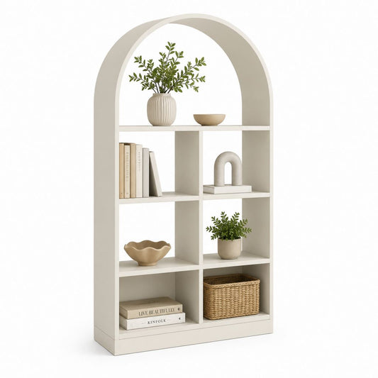 Étagère bibliothèque sur pied arquée blanc cassé en panneaux MDF 80 x 30 x 135 cm